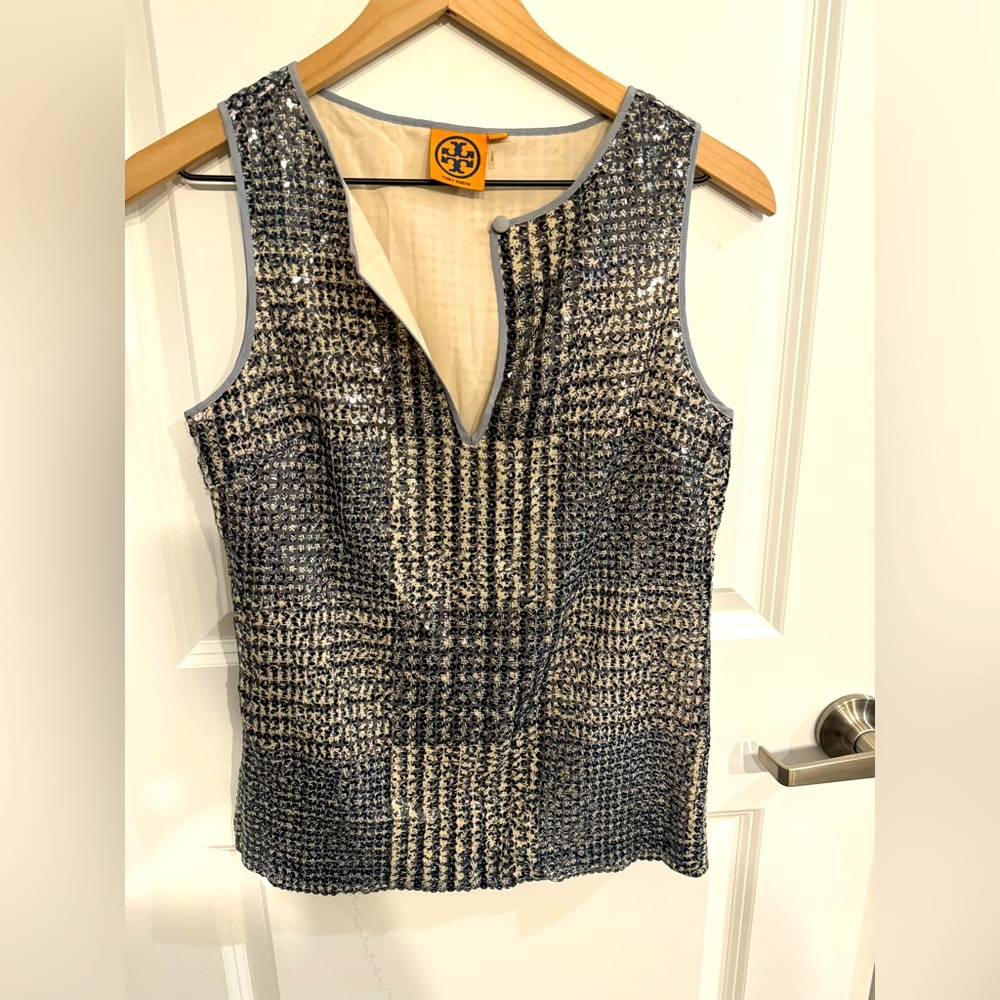 Tory Burch, Top, Navy Blue and Sequence, Size 2